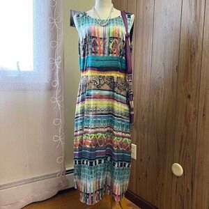 Women Sleeveless Multi Color Abstract Paisley Print Satin Maxi Dress